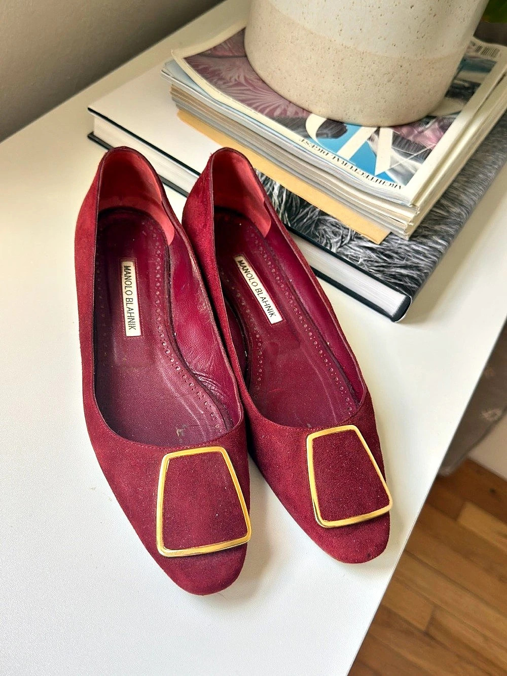 Manolo Blahnik Square Buckle Heels in Red